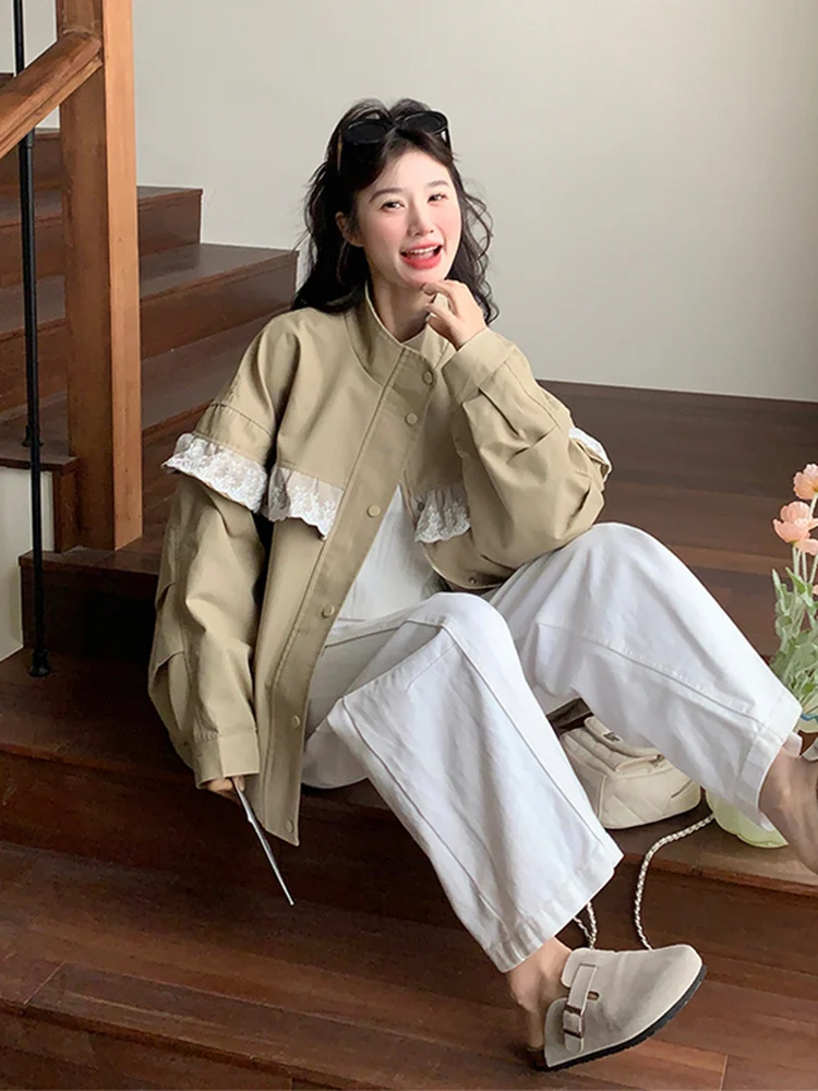 

Повседневная женская блузка с кружевной отделкой, весна-осень 2025, новая коллекция, свободный крой, на пуговицах, с элементами джинсовой ткани, маленький размер