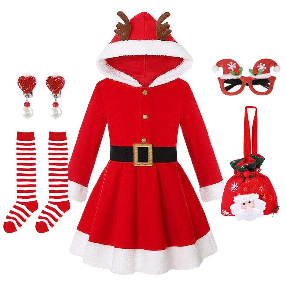 

Girls Christmas Dress Hooded Long Sleeve Costume Festival Santa Clause Kids New Year Clothing Fancy Dress Xmas Party Costume