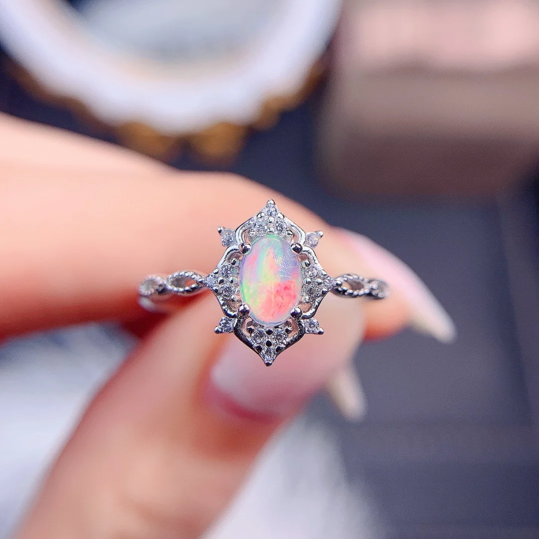 Dainty Women Ring 925 Sterling Silver Natural Opal Promise Ring October Opal Gemstone Ring Silver Floral Ring