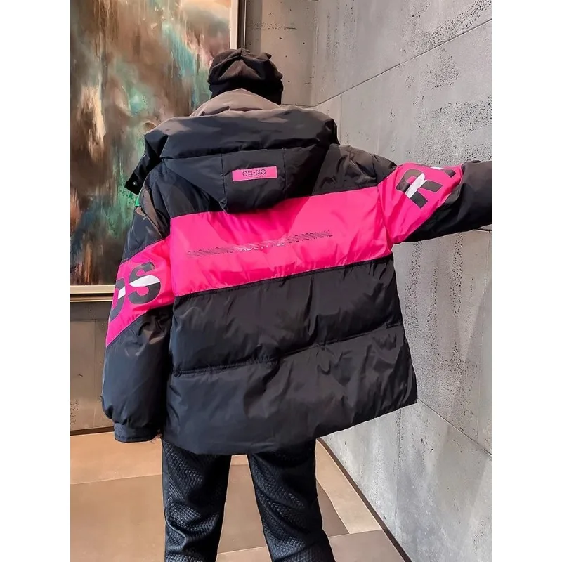 Women's New Autumn and Winter Contrasting Color Splicing Small Thickened Warm Medium and Long Coat Hooded Overcoats Down Jacket