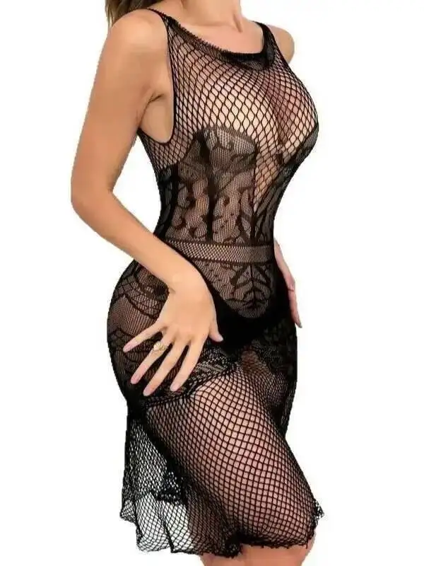 Sexy Damen-Kleid, hochelastisch, aushöhlen, Übergröße, Netzstoff, einfarbig, transparent, rückenfrei, tiefer V-Hosenträger, ärmelloses Kleid GZJI
