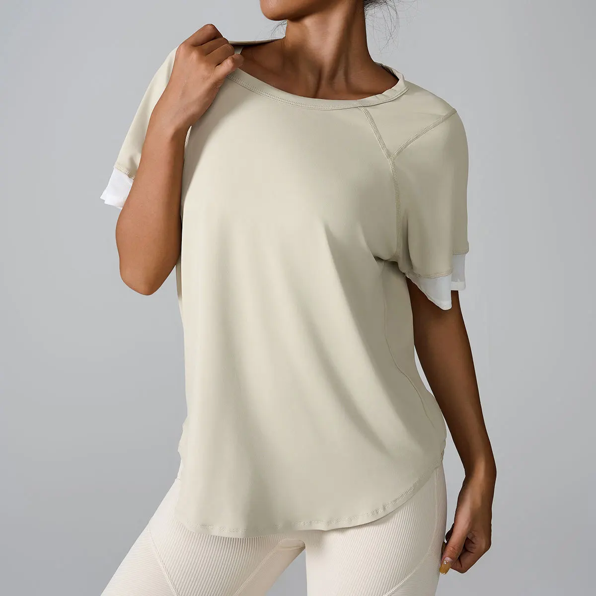 Loose Fit Mesh Breathable Yoga Wear Quick-Dry Sports Color-Block Short Sleeve T-Shirt For Women