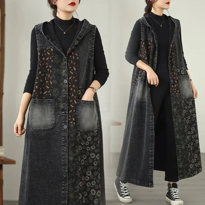 

Большой свободный джинсовый жилет в стиле ретро со шляпой, контрастного цвета, длинная повседневная куртка без рукавов с принтом, ветровка w1452