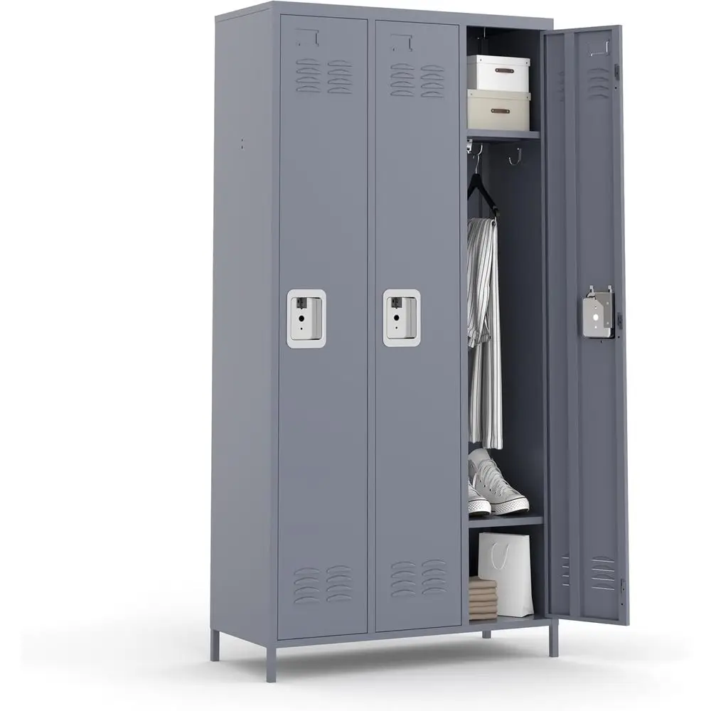 

3-Door Combination Lock Storage Cabinet for Home, Office, School, and Gym (Grey)