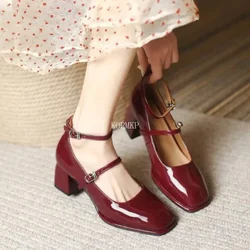 2024 Design Women Heels Mary Jane Shoes Woman Pumps Patent Leather High Heels Dress Shoes Red Wedding Shoes Spring Double Buckle