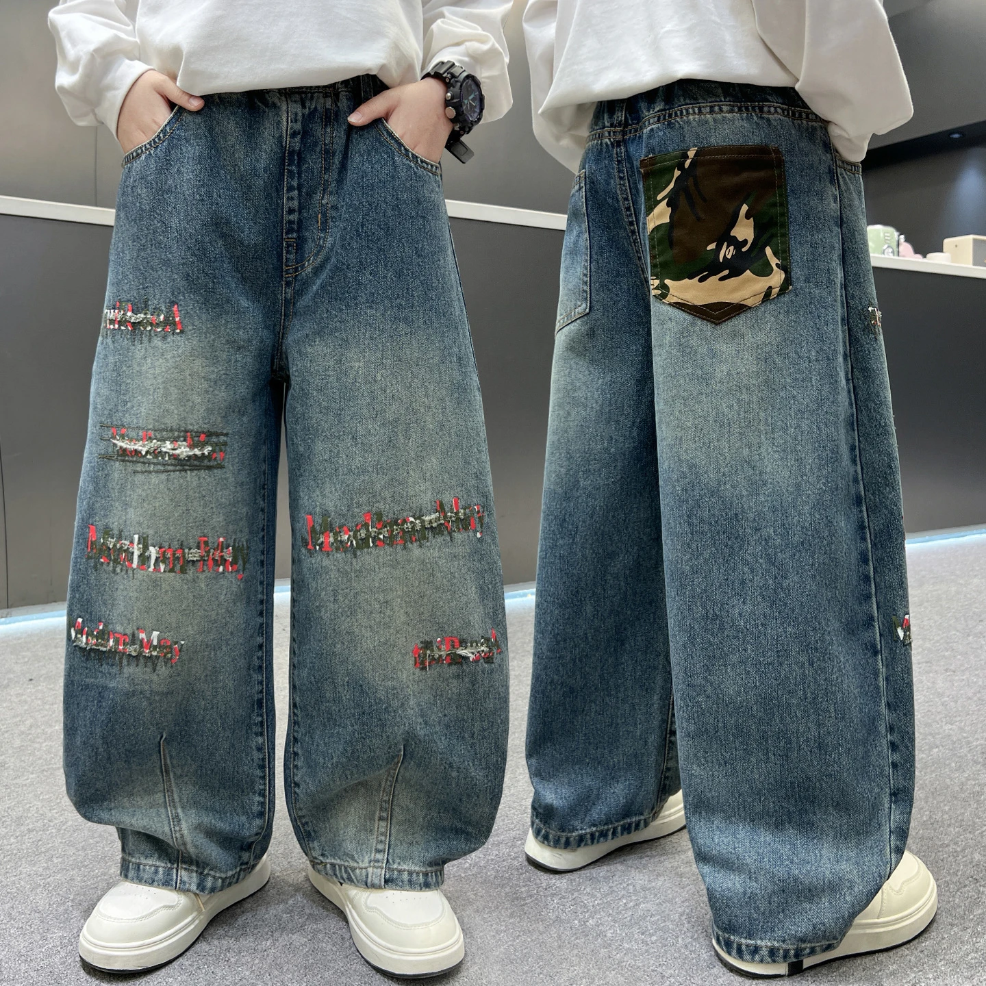 New Boys Autumn Jeans Kids loose Casual Denim Pants Spring Retro Distressed Patchwork Curved Knife Design Trousers for Children