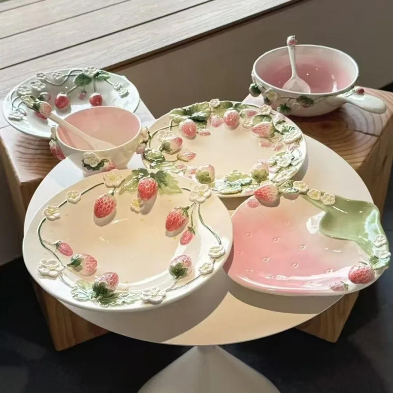 Platos de fresa, vajilla, cuencos de cerámica para el hogar, platos profundos, platos de desayuno, pastel de postre, regalos de inauguración de la casa