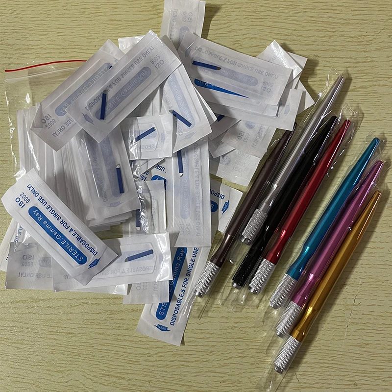 Microblading Pen Manual with 12F Manual Needles Tebori Blade Blue Microneedle Eyebrow Practice Tattoos Set Tattoo Accessories