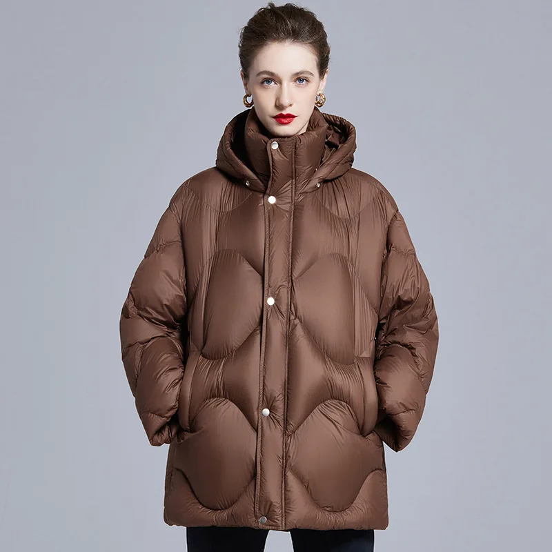 جديد مصمم 90 الأبيض بطة أسفل سترة للمرأة القهوة طويلة سميكة مقنعين فضفاضة معطف دافئ الإناث أبلى الخريف الشتاء 2025