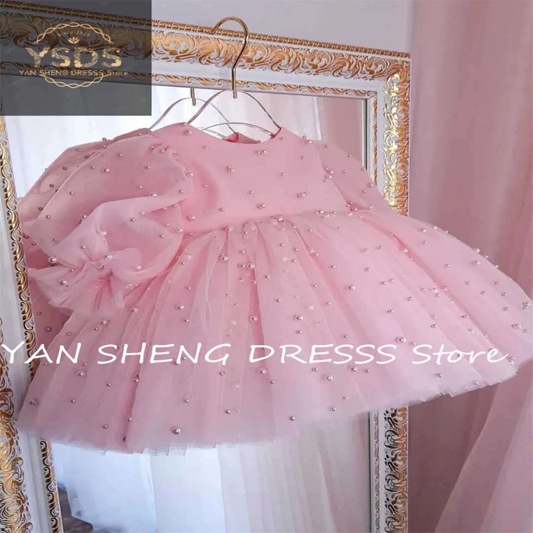 Cute Pink Flower Girl Dresses Knee Length Tulle Pearls Child Wedding Birthday Party Bow Toddler Ball Gown