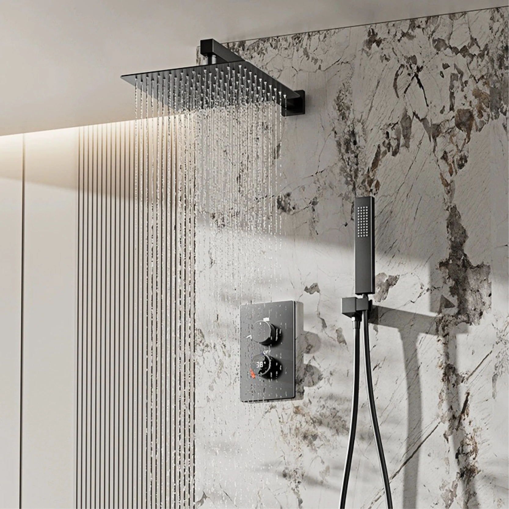 Sistema doccia in ottone nero di lusso con display digitale a LED dal design a parete per il doppio controllo del rubinetto del bagno semplice caldo e freddo