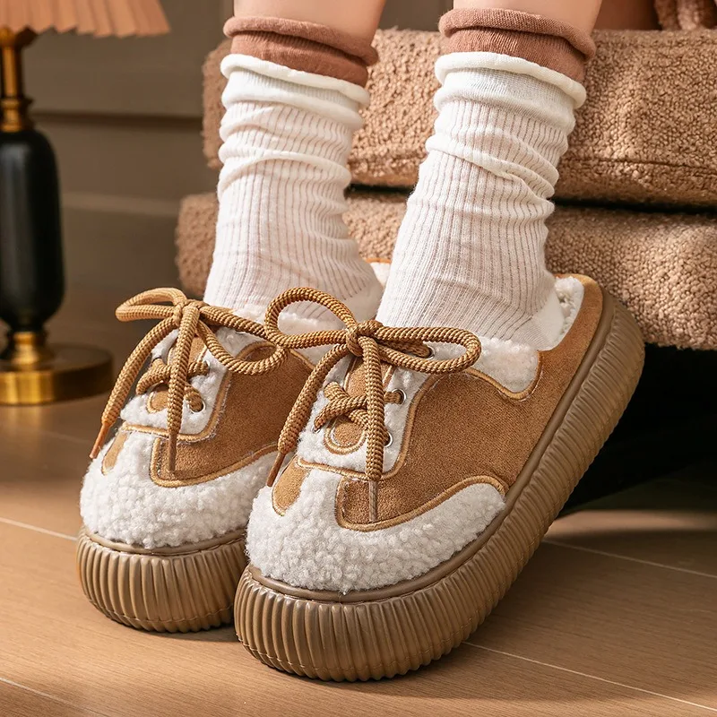 الشتاء المرأة نعال قماش سميكة الصوف الدافئة المنزل أحذية قطنية في الهواء الطلق سميكة سوليد الثلوج الأحذية منصة النعال داخلي #4