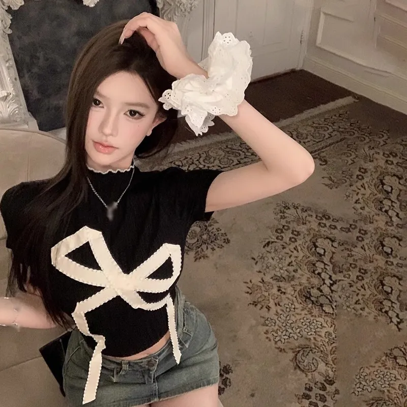 Sweet Knitted T-Shirts Summer Women Chic Bow Short Sleeve Tops Female Korean Fashion Casual Tees