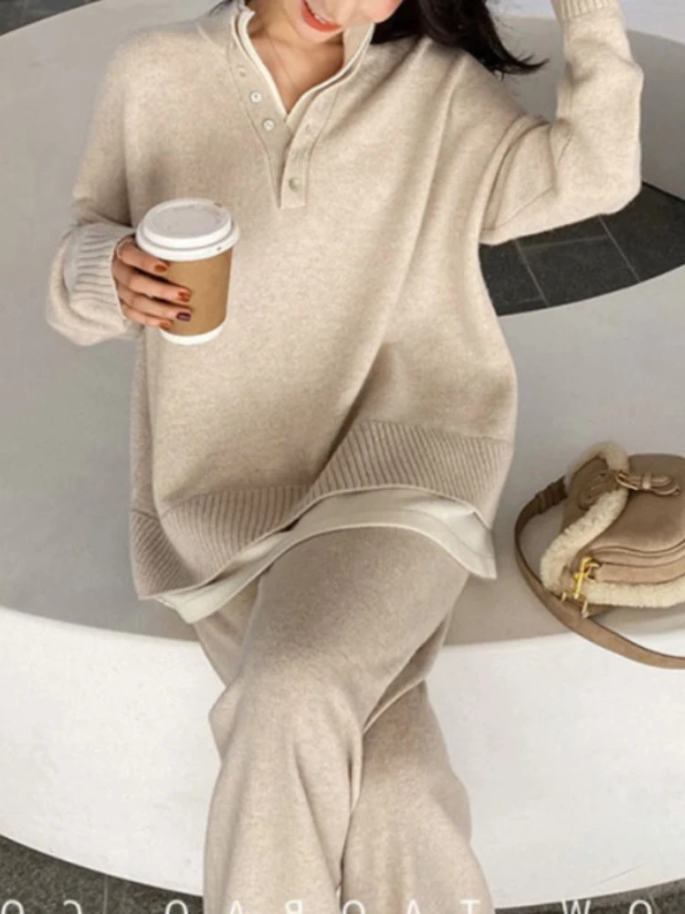 Women Knitted Tracksuit Two Piece Sets 2024 New Autumn Winter Warm Casual Long Sleeve Pullovers Wide Leg Pants Ladies Suits