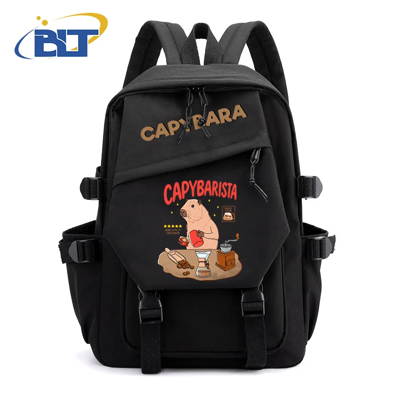 Cute Animal Capybara Printed Student Backpack Black Girls Backpack Primary and Secondary School Students Gift