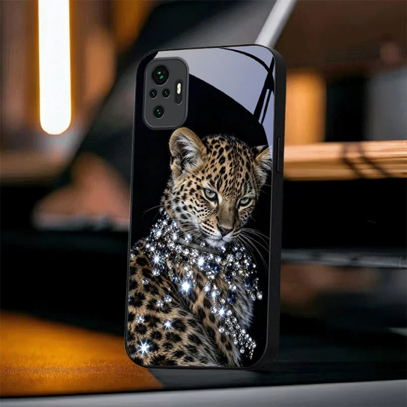 Luxury Leopard Cub Black Glass Phone Case For Redmi Note 14 Pro+ 13 Pro 8 9S 12S Note 10 Pro 11 13C 14C 12 13 8T A3 Back Cover