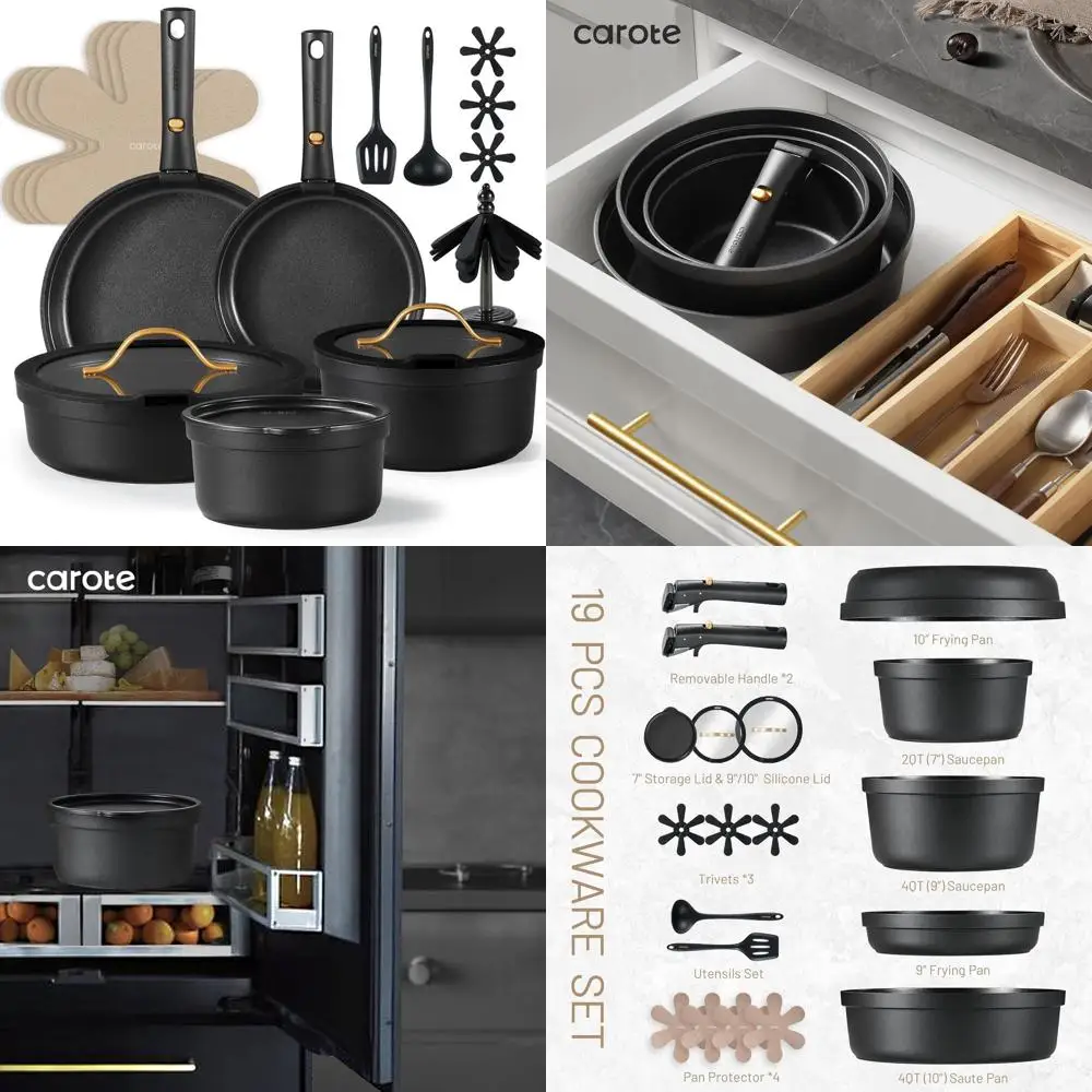 

Black Nonstick 20-Piece Cookware Set, Oven/Dishwasher/Fridge Safe, Removable Handle for RV Use, Induction Compatible Kitchenware