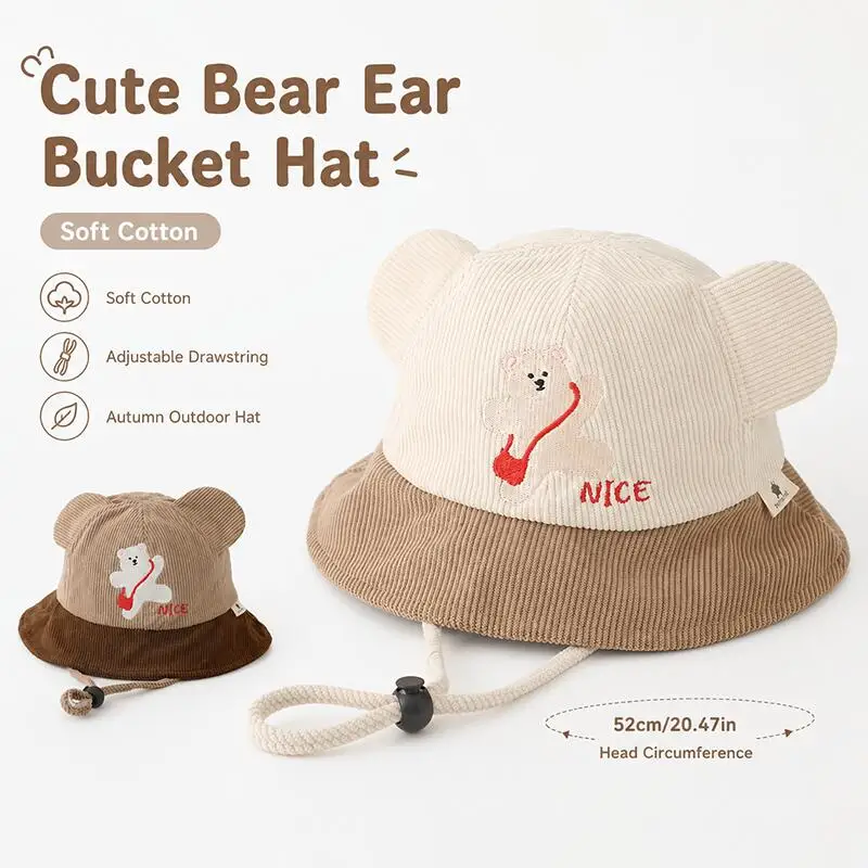Kids Bear Ear Bucket Hat Soft Cotton Color Block Adjustable Chin Strap Autumn Sun Hat Unisex Baby Toddler Outdoor Fisherman Caps