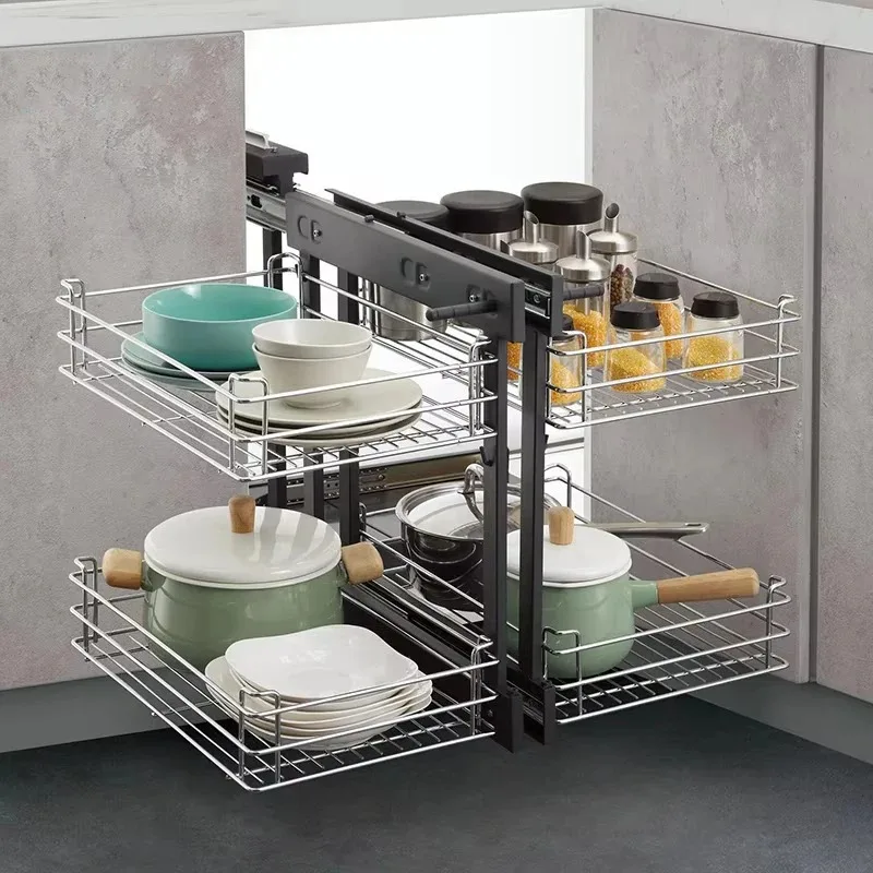 

Modern Design Kitchen Universal Magic Corner Swing Tray Pull Cabinet Magic Corner with Grey Glass Cabinet