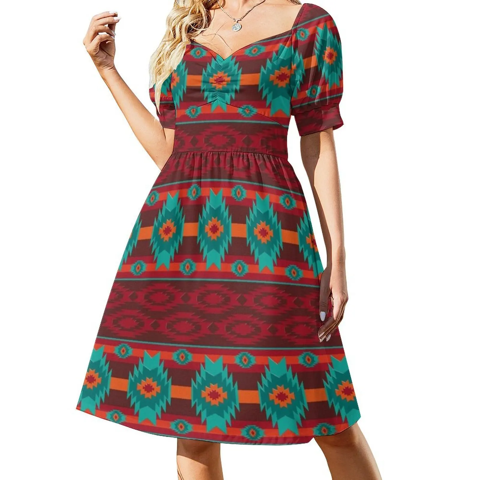 Mini abito stile preppy con motivo geometrico etnico sudoccidentale per donna Abito da giorno casual a taglio ampio a trapezio sudoccidentale