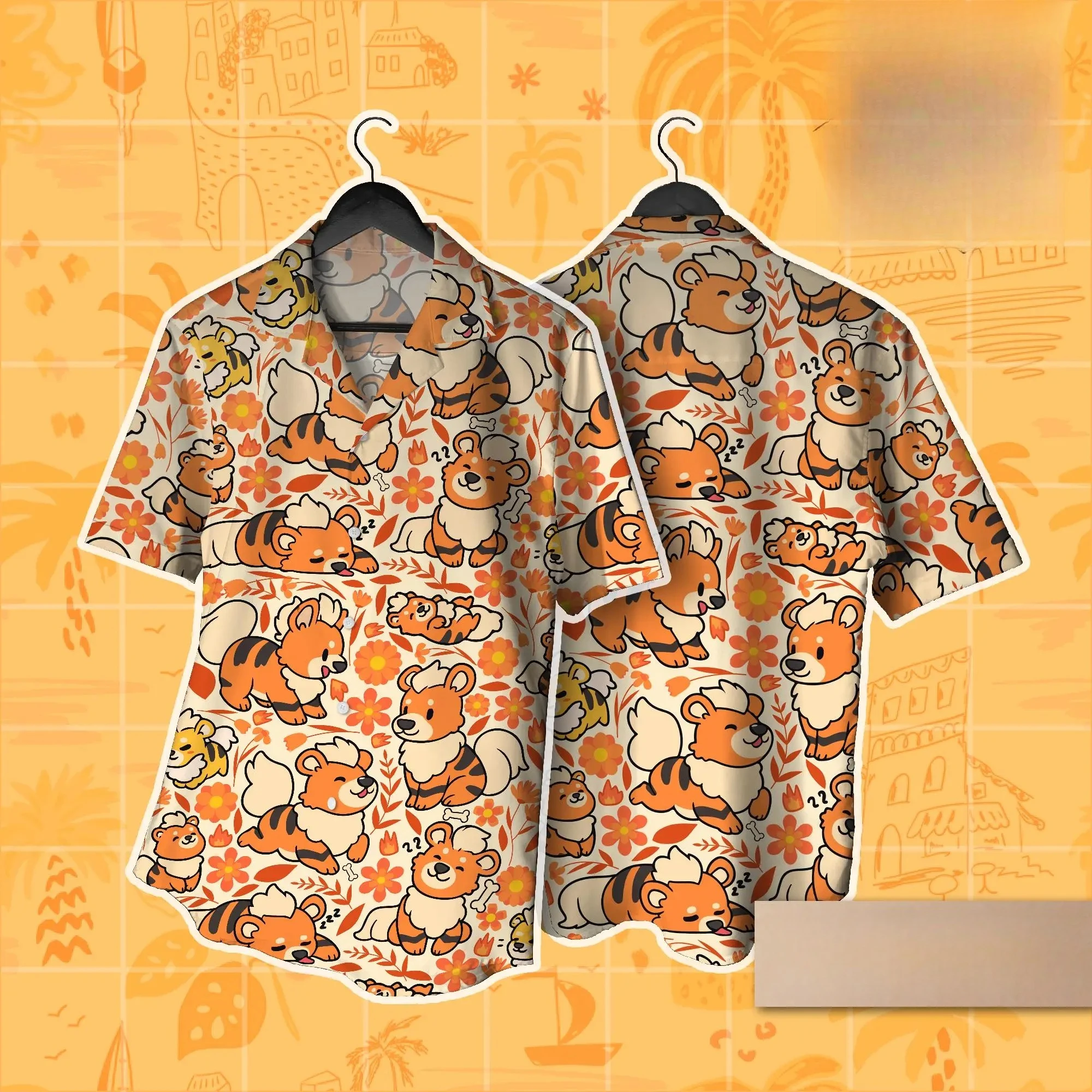 Warm Orange Flower Cartoon Kati Dog Printed Short Sleeved Shirt Japanese Healing Wind Beach Couple Loose Casual Shirt