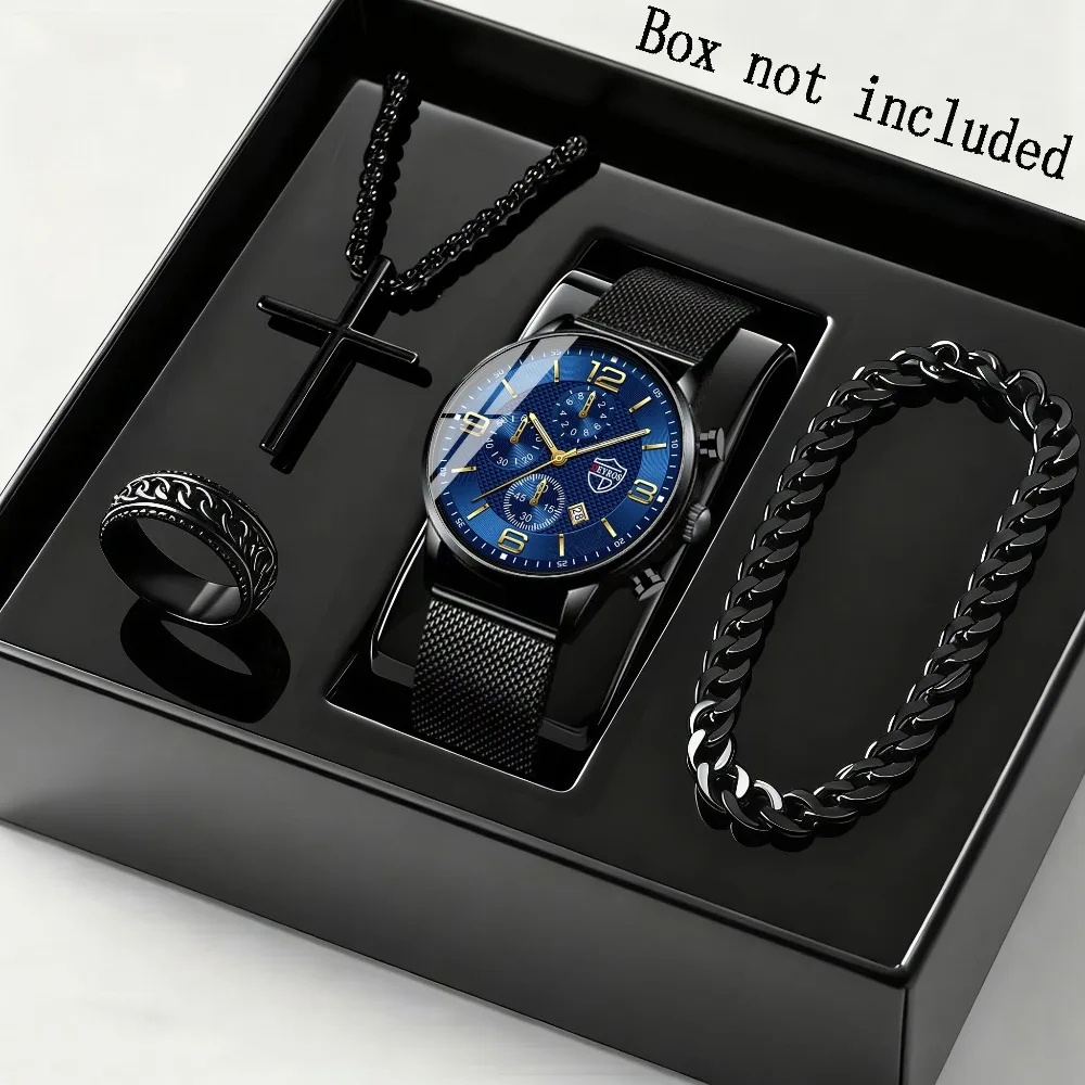 4pcs/set Men'S Elegant Quartz Watch & Bracelet set | Stainless Steel | Casual Watch | Business Watch Men Necklace