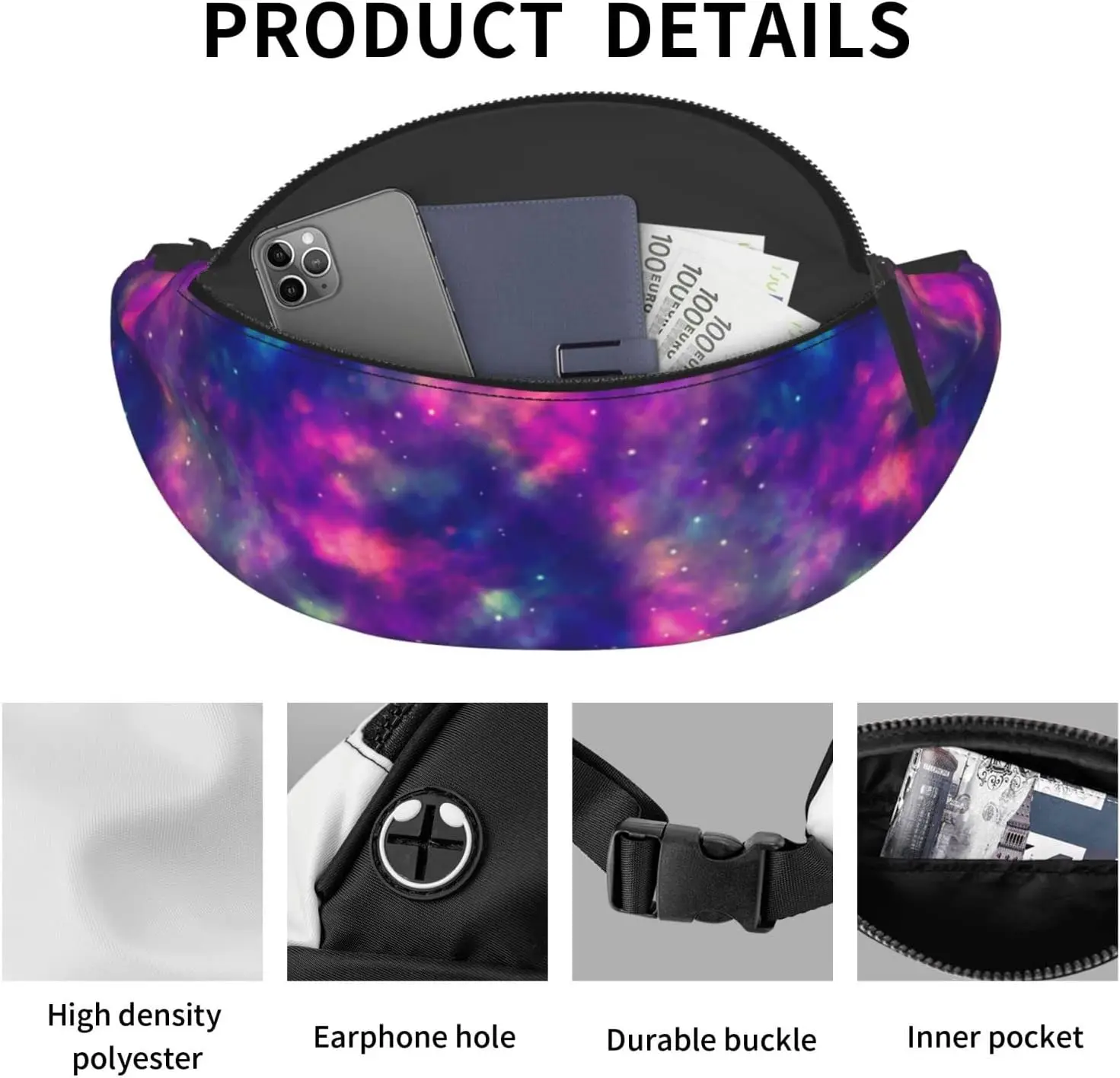 Neon Galaxy Fanny Pack Waist Bag Adjustable Belt Bag For Men Women Traveling Hiking Cycling Running