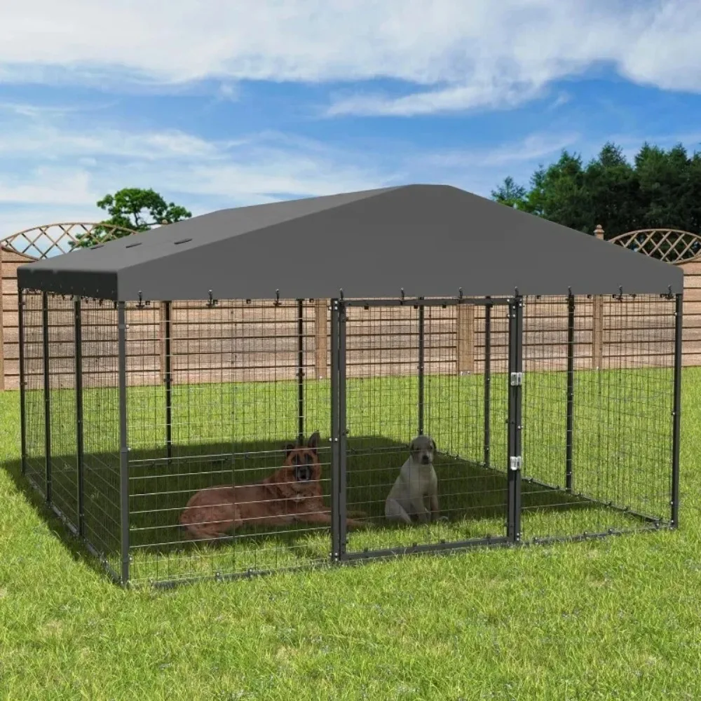 Large Dog Kennel Outdoor with Waterproof Roof Cover, Dog Cage Heavy Duty Dog Enclosures W/Upgraded Metal Mesh and Door Locks