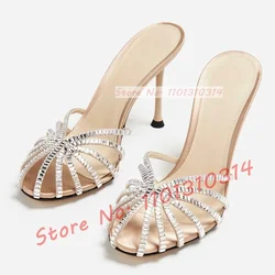 Gemstone High Heel Silk Slippers Women Luxury Caged Stiletto Heels Metallic Slippers Ladies Stylish Cross Strap Summer Shoes