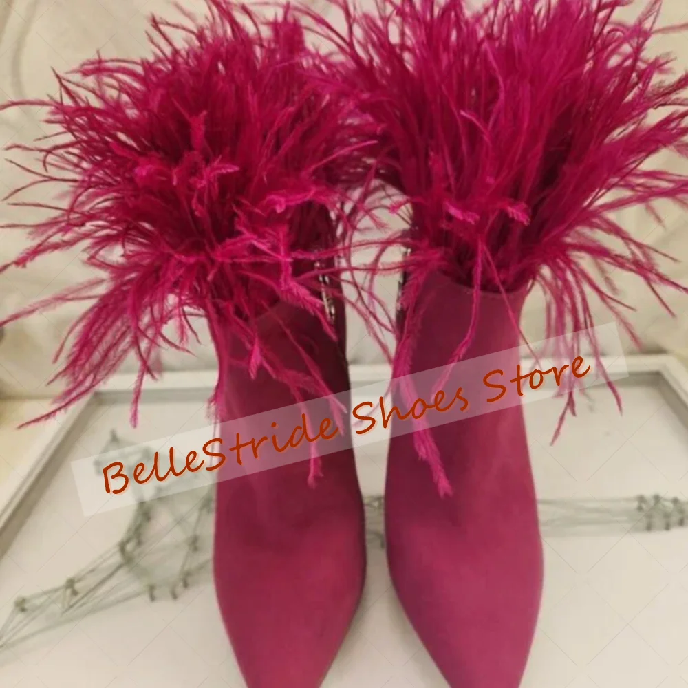 

Rose Red Feather Decor Side Zipper Boots Pointed Toe Women Shoes Thin High Heels Party Banquet Dating 2025 Zapatos Para Mujere
