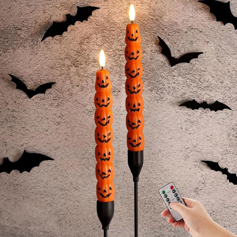 Pumpkin Halloween Taper Candles with Remote, Lickering Spooky LED Wax Candlesticks Battery Operated, Set of 2