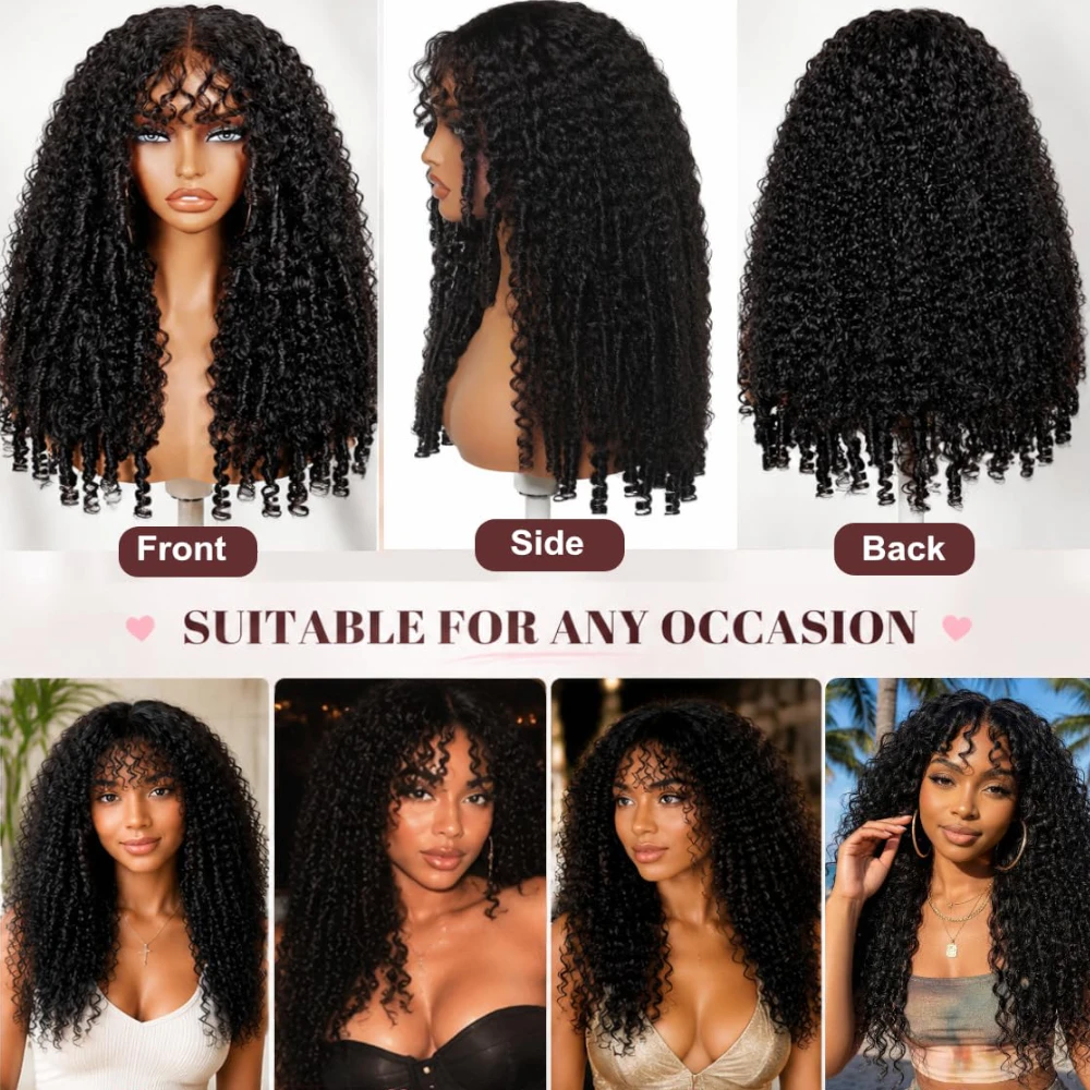 UNice Finger Coil Ends Burmese Curly Wig With Wispy Bangs No-Slip Cap 7x5 Lace Glueless Wig Human Hair Ready To Wear