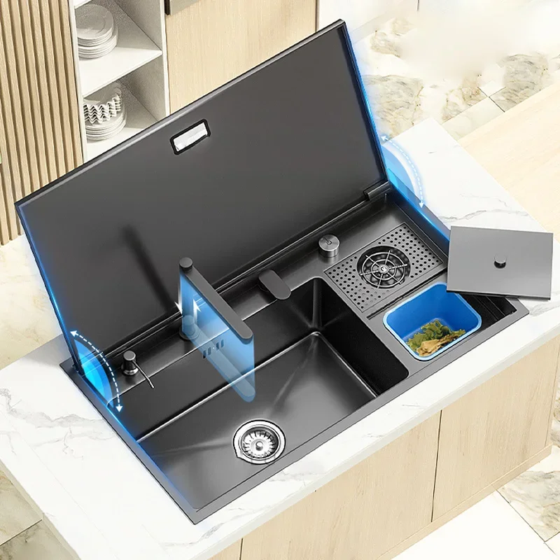 

Hidden Cup Washer Sink With Cover Kitchen Sink Stainless Steel Washbasin Multifunctional Large Single Slot For Kitchen