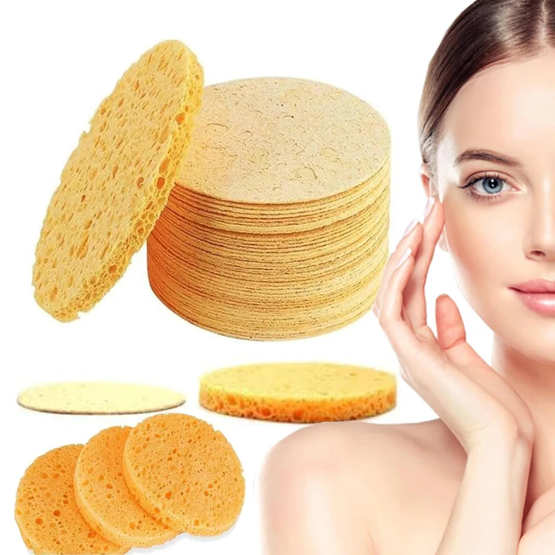 10Pcs Turmeric Exfoliating Cleansing Pads Face Round Makeup Remover Sponge Natural Wood Pulp Sponge Ladies Facial Washing Sponge