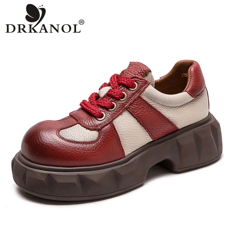 DRKANOL Fashion Ladies Shoes 2024 Spring Mixed Colors Round Toe Genuine Leather Thick Heel Chunky Platform Single Shoes Women