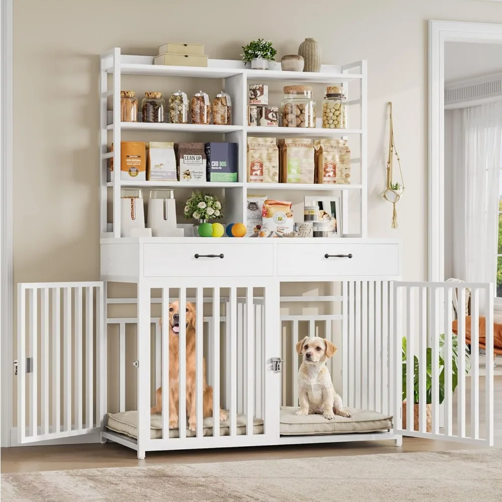 

71''H x 47.2''W Large Dog Crate Furniture with 4-Tier Shelves and 2 Storage Drawers, Heavy Duty Dog Cage Furniture with 2 Doors