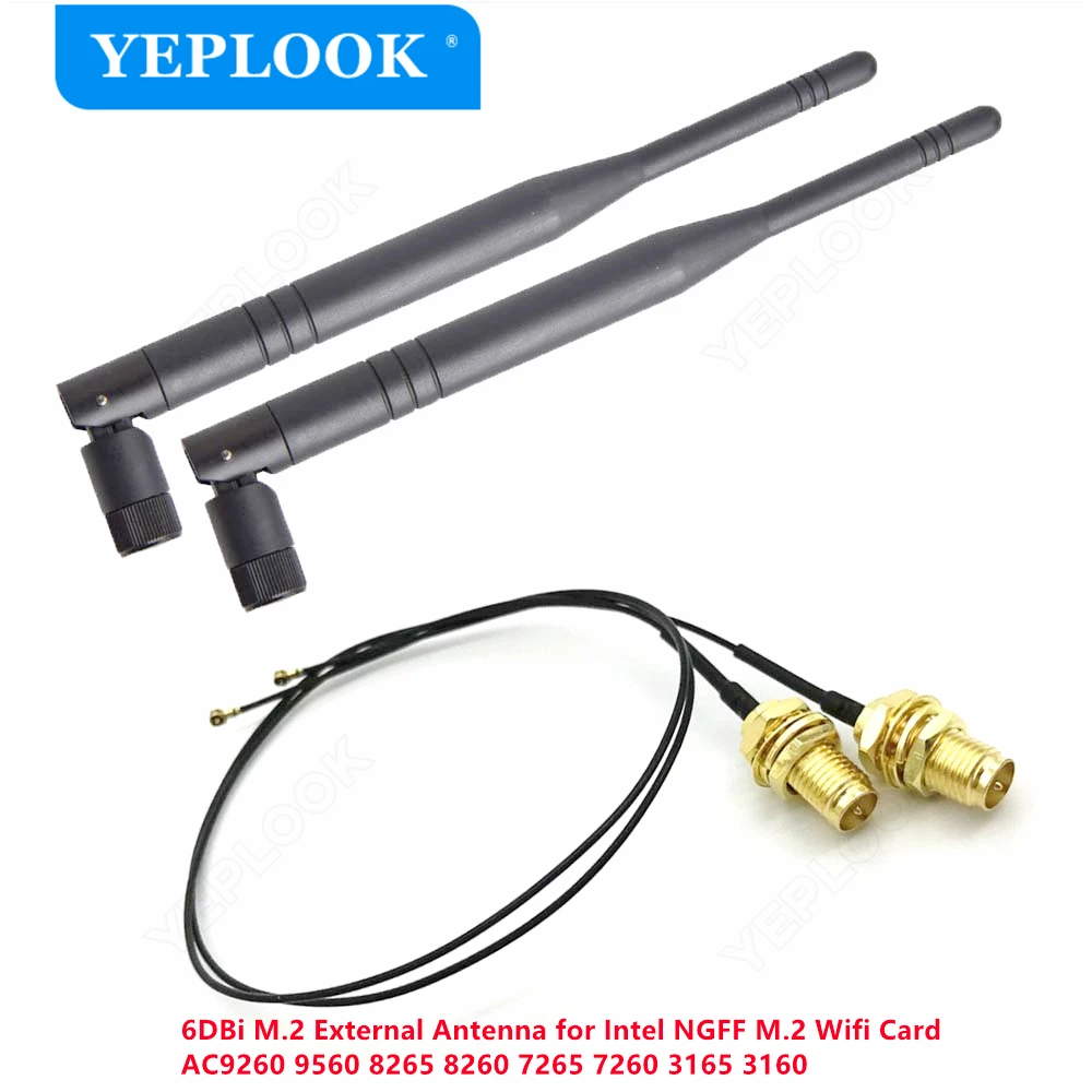 2x 6DBi/8DBi MHF4 U.fl Cable to RP-SMA Wifi Antenna Set for NGFF M.2 Card AX210 AX200 AX201 AC9260 9560 8265 8260 7265 7260 3165