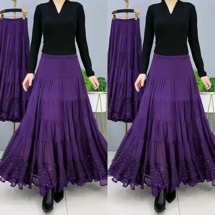 New Slim Fit Square Dance Modern Dance Ballroom Dance Half Body Large Swing Skirt With A Hanging Feeling Sequin Dance Skirt