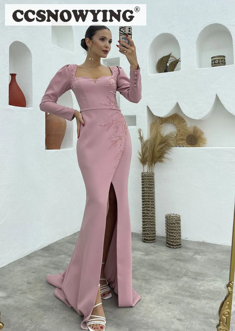 Satin Beaded Long Sleeve Evening Dresses Mermaid Prom Dress with Slit Formal Party Gowns Women Robes De Soirée