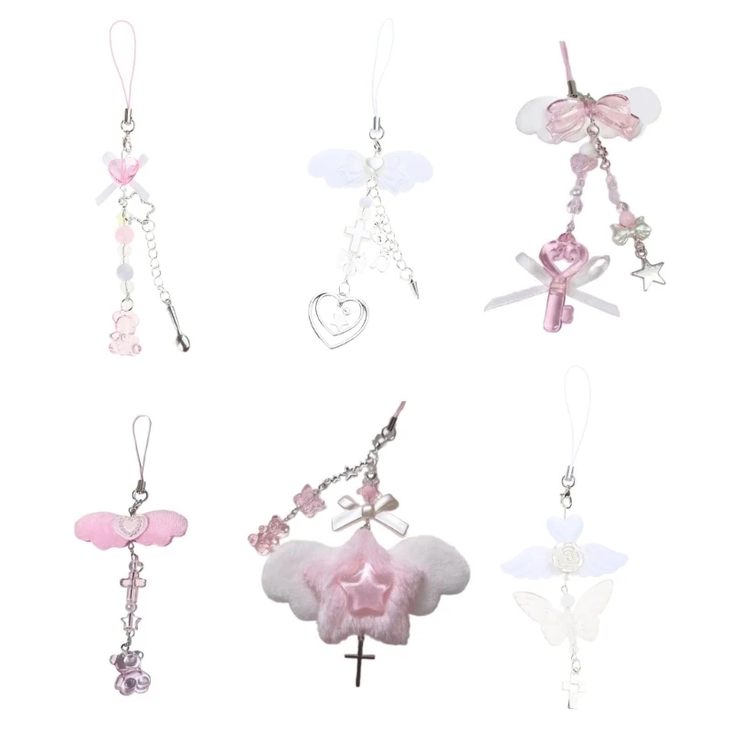 Bowknot Phone Chain Angel Wing Pendant Keychain Sweet Cool Key Phone Lanyard Acrylic Keyring Bag Ornament