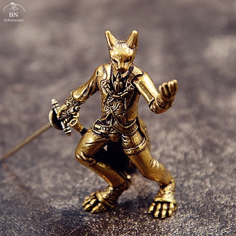 Brass Swordsman Cat Small Statue Retro Characters Warrior Miniatures Figurines Desktop Decorations Crafts Home Decors Ornaments