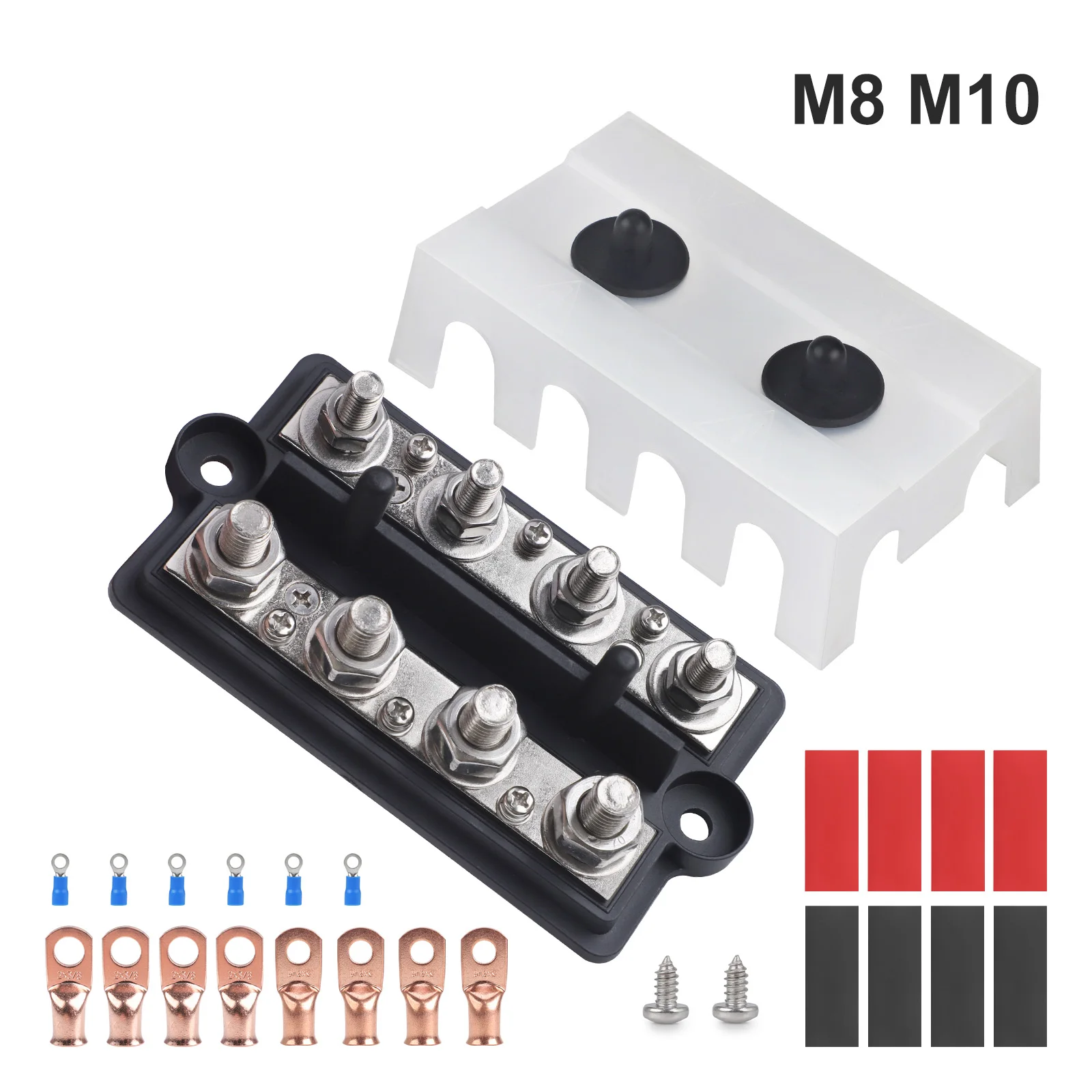 

8 Way DC 12V-48V 250A Positive Negative Power Distribution Block Box M8 M10 Busbar Battery Terminal Studs Box Heavy Duty Bus Bar