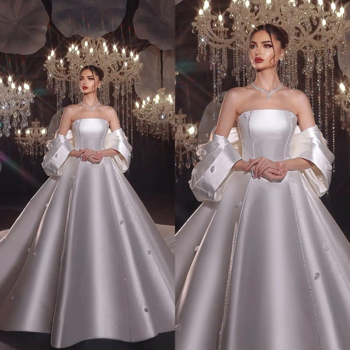 

Simple A Line Wedding Dresses Strapless Art Design 3D-Appliques Bow Bridal Gown Sweep Train Vestidos De Novia Customized