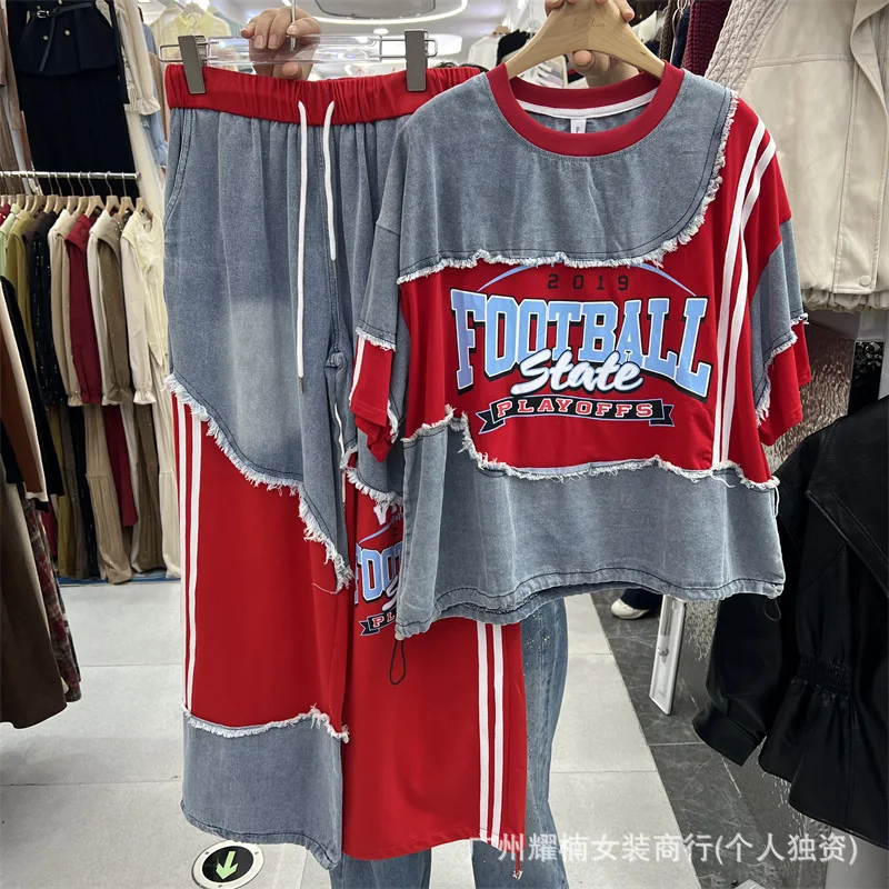 American High Street Women Two-piece Set Colorblock Digital Printing Denim Loose T-shirt Top + Elastic Waist Wide Leg Long Pants