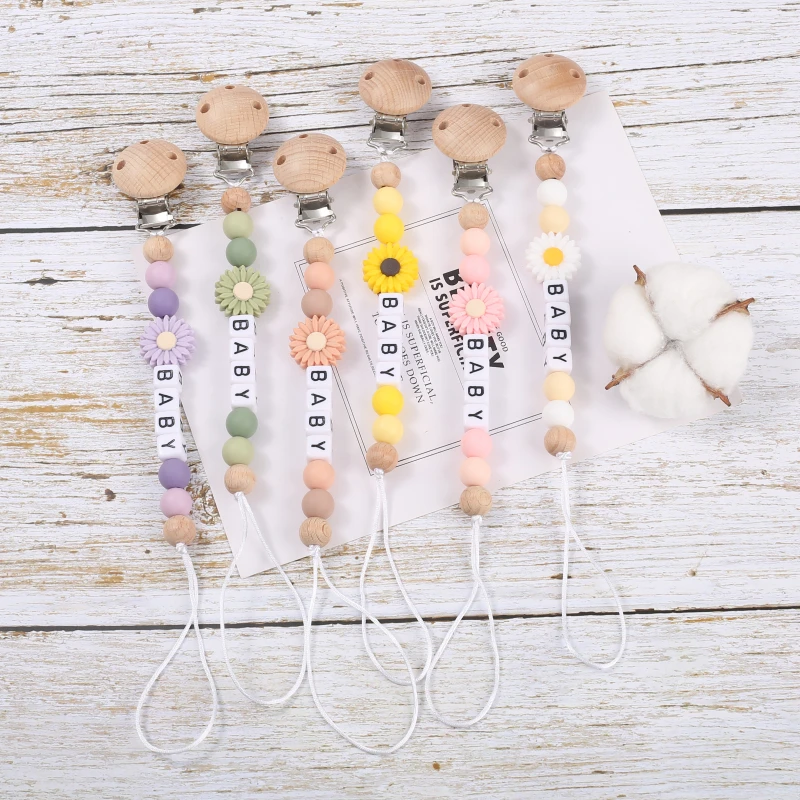 Personalized Name Baby Wooden Pacifier Clips Handmade Silicone Daisy Baby Nipple Chain For Nursing Teether Chew Toys Gifts