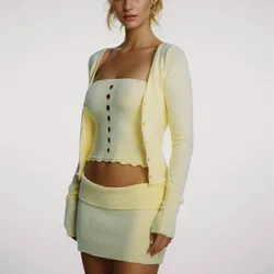 2024 Sexy Yellow Hollow Out Hole Knitted Cardigan Tank Top Elastic Low Waist Mini Skirt Korea Style 3 pieces 1 Set Black