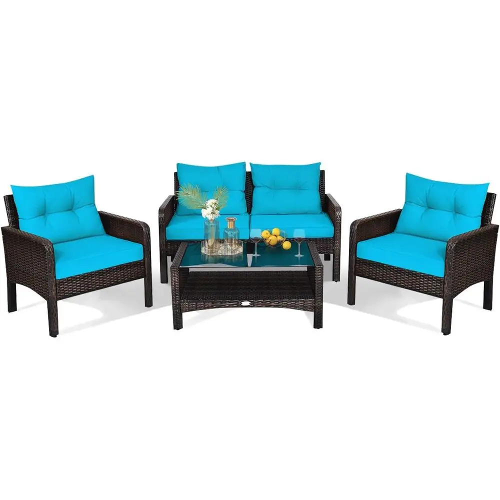 

4-Piece Patio urniture Set Outdoor Rattan Wicker Contion Set with Coee Table, Sectional Soa Bistro Set with Cushions or Garden P