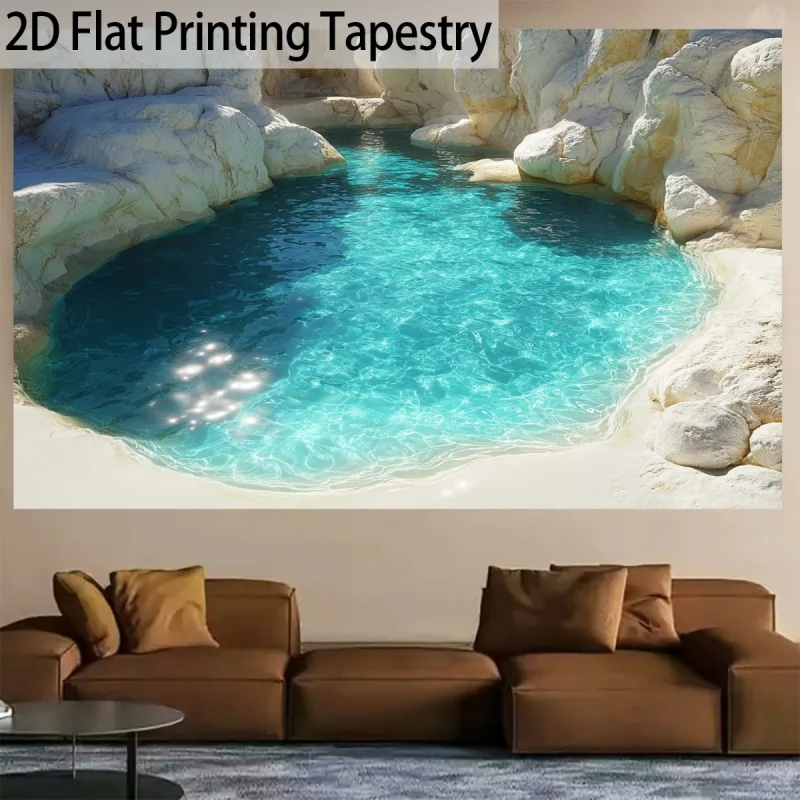 Turquoise Colored Pool, Natural Rocks, Cliff Scenery, Tapestry, Indoor/Outdoor Beach Theme, Polyester Fiber Wall Decoration