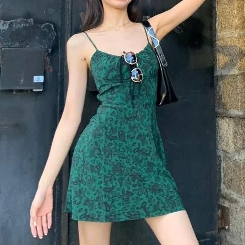 

Лето 2022, женское черновато-зеленое короткое платье с цветочным принтом, женские юбки без рукавов с высокой талией, женское шикарное модное облегающее платье-комбинация