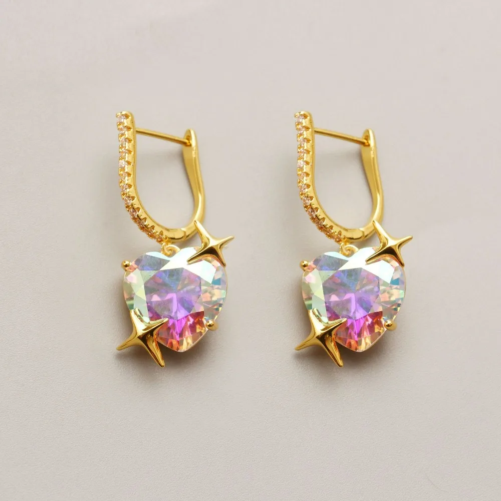 

New Copper Alloy Metal Gold Plated Heart-shaped Cubic Zircon Stone Beads Colored Love Earrings for Women Sweet Fashion Jewelry